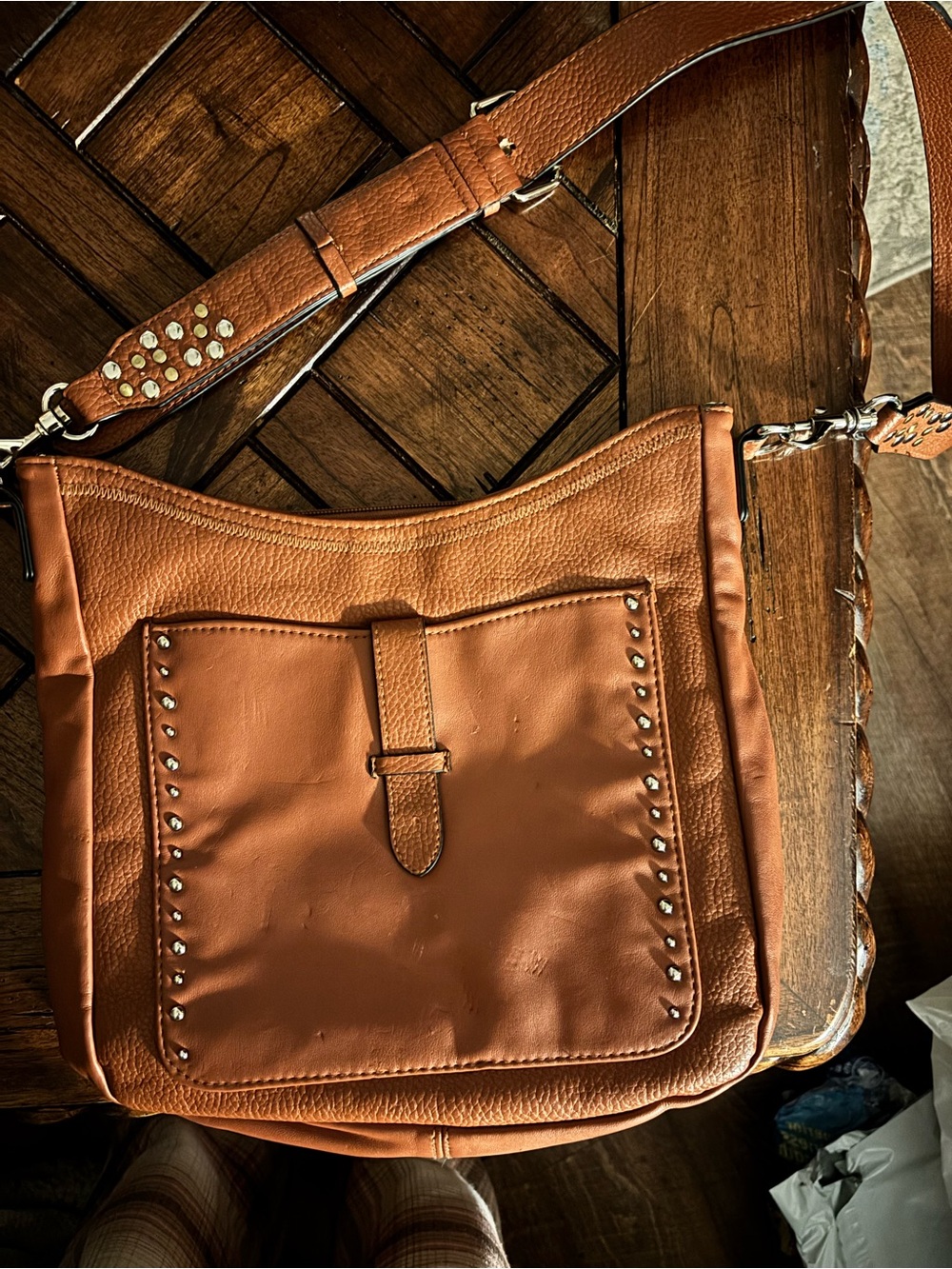 Women's Tan Vegan Leather Crossbody Bag with Studded Front Pocket